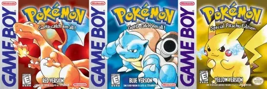 Pokémon Red, Blue and Yellow Cover art side by side.